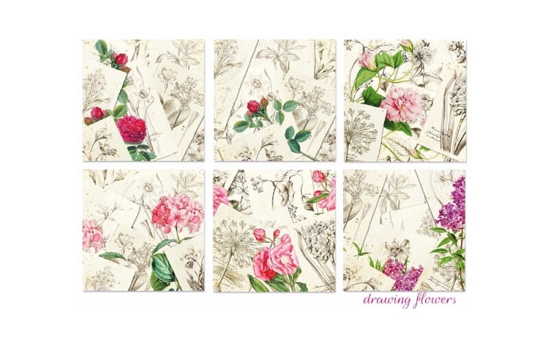 Plakboekpapier 20x20 Getekende Bloemen Decorer