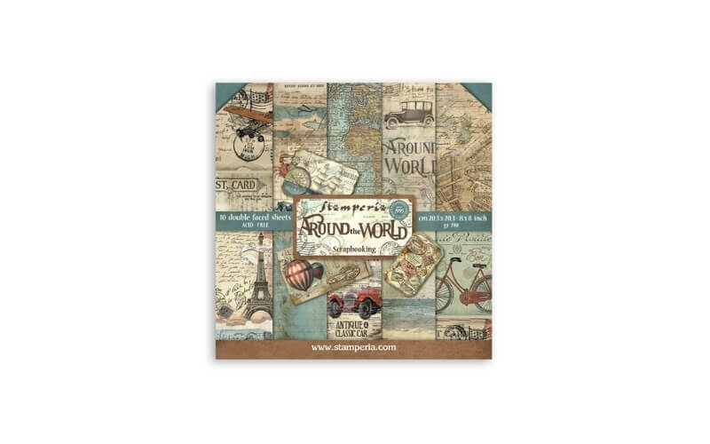 Plakboekpapier 20x20 Rond de Wereld Stamperia