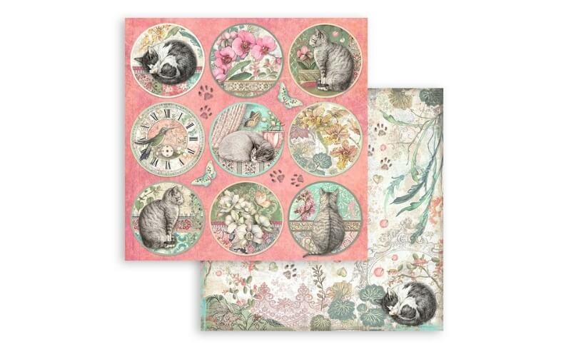 Plakboekpapier 20x20 Orchideeën-Katten Stamperia