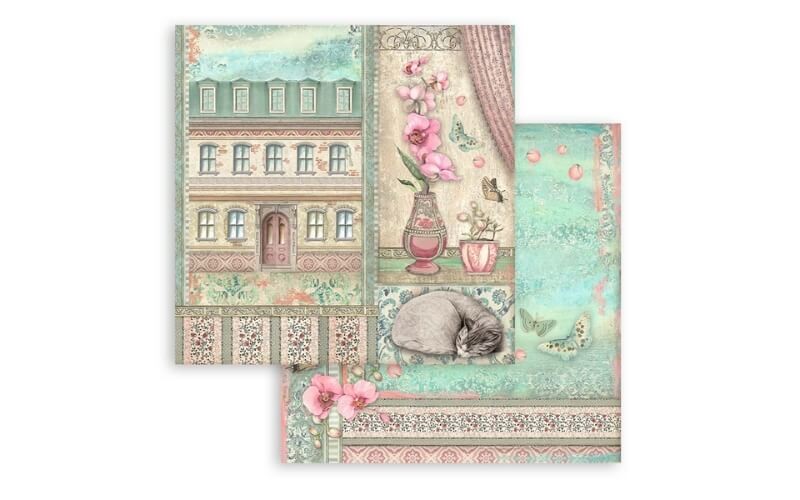 Plakboekpapier 20x20 Orchideeën-Katten Stamperia