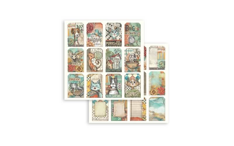 Plakboekpapier 30x30 Furry Friends Tags Stamperia