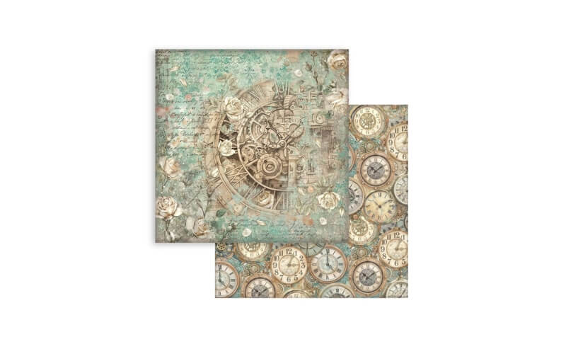 Plakboekpapier 30x30 Gardens of Time Clock and Roses Stamperia