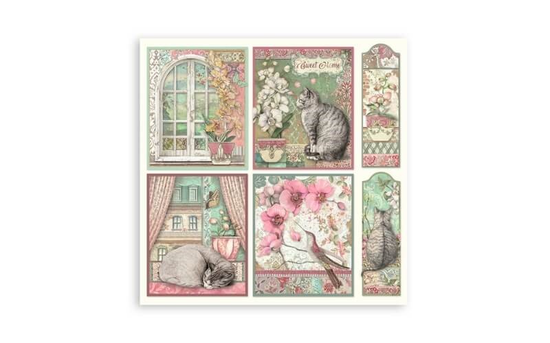 Plakboekpapier 30x30cm Orchideeën-Katten Stamperia