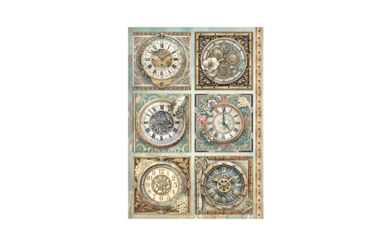 Rijstpapier A4 Gardens of Time 6 Clocks Stamperia
