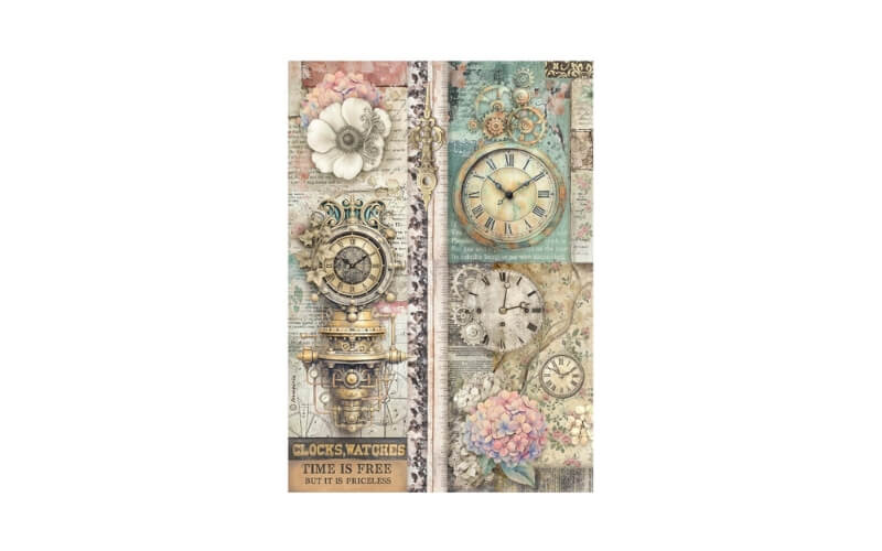 Rijstpapier A4 Gardens of Time Clocks Time is Free Stamperia