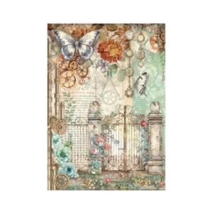 Rijstpapier A4 Gardens of Time Gate and Butterfly Stamperia