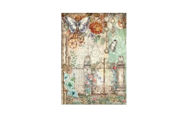 Rijstpapier A4 Gardens of Time Gate and Butterfly Stamperia