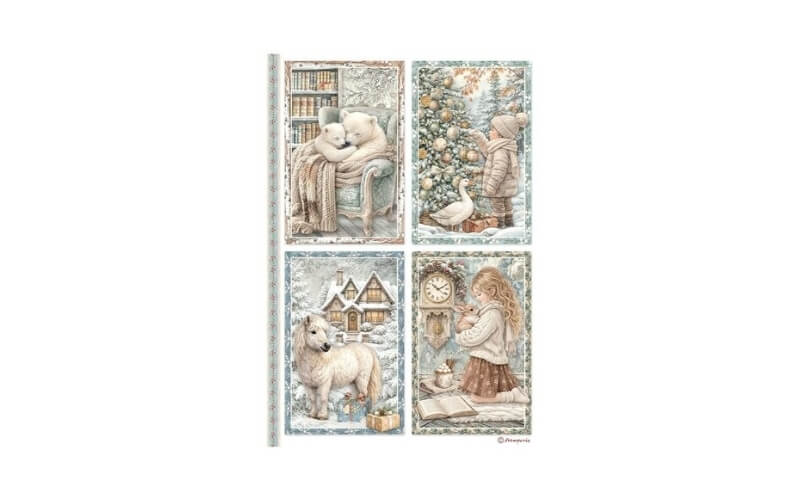 Rijstpapier A4 White Christmas 4 Cards Stamperia