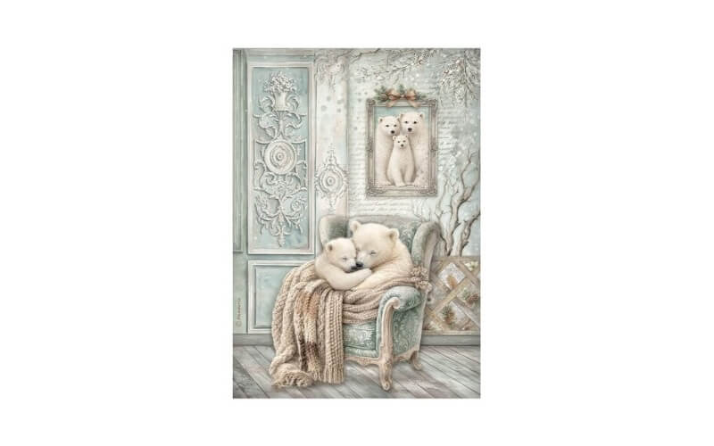 Rijstpapier A4 White Christmas Cozy Bears Stamperia