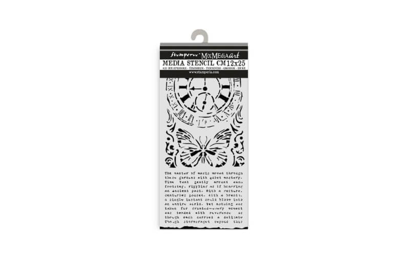 Stencil Gardens of Time Clock and Butterfly 12x25 Stamperia